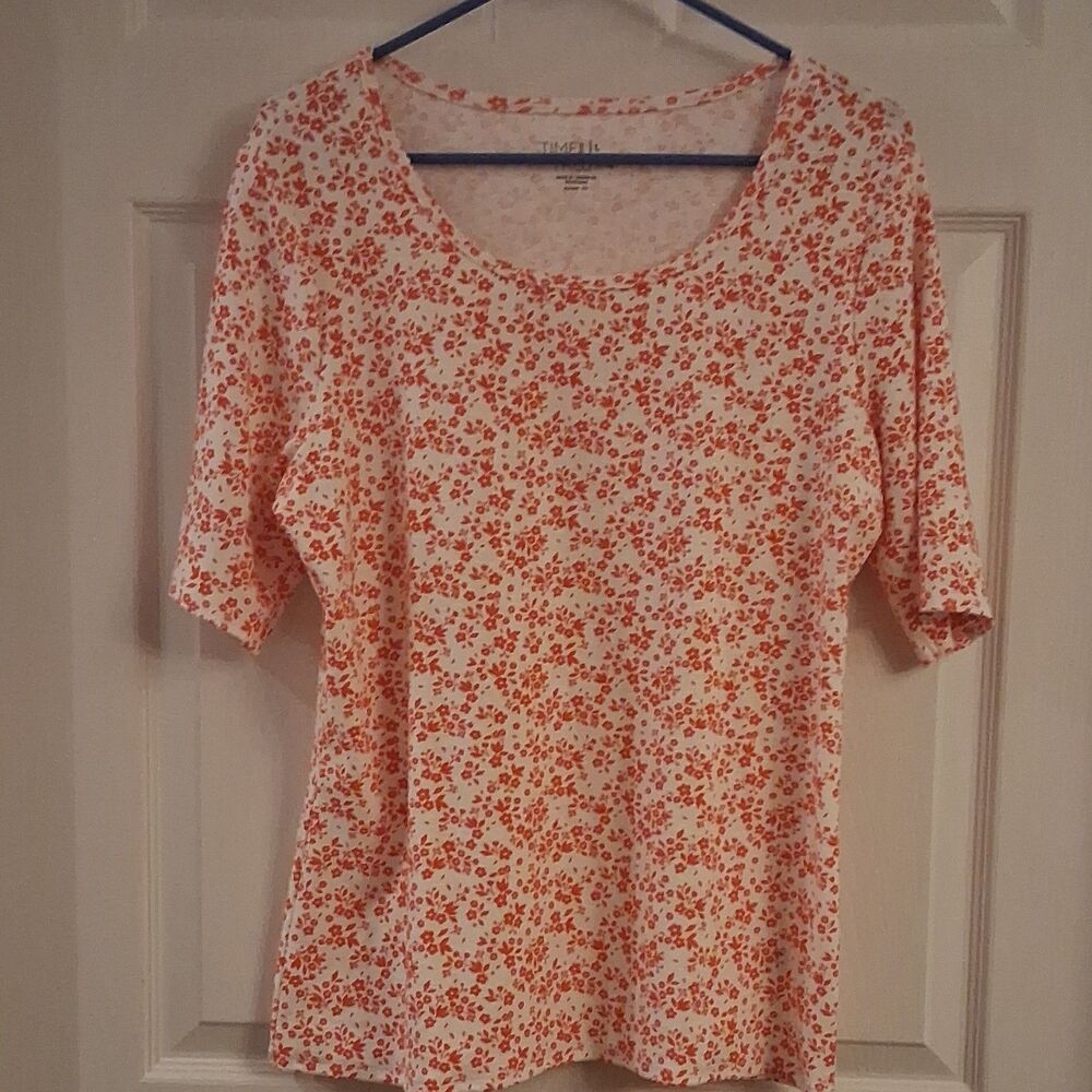 Time And Tru Size L Women's White Orange Floral Knit Short Sleeve T-Shirt